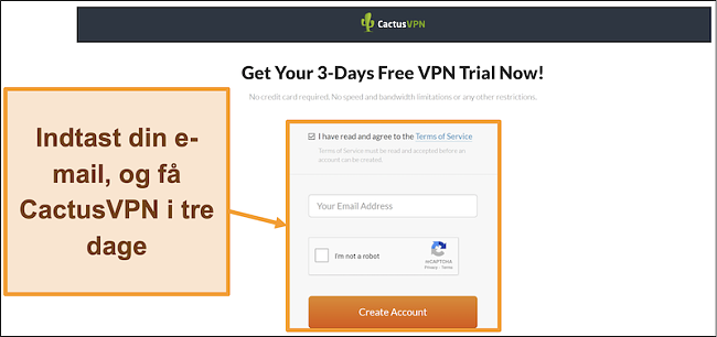 Skærmbillede, der viser, hvordan du tilmelder dig CactusVPN gratis prøveperiode