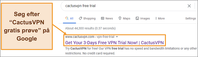 Skærmbillede, der viser, hvordan du finder CactusVPN-gratis prøveperiode på Google