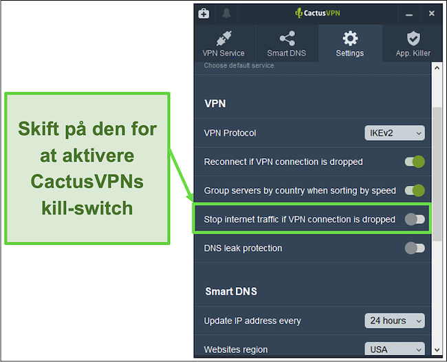 Skærmbillede, der viser, hvordan man manuelt aktiverer CactusVPN's kill switch