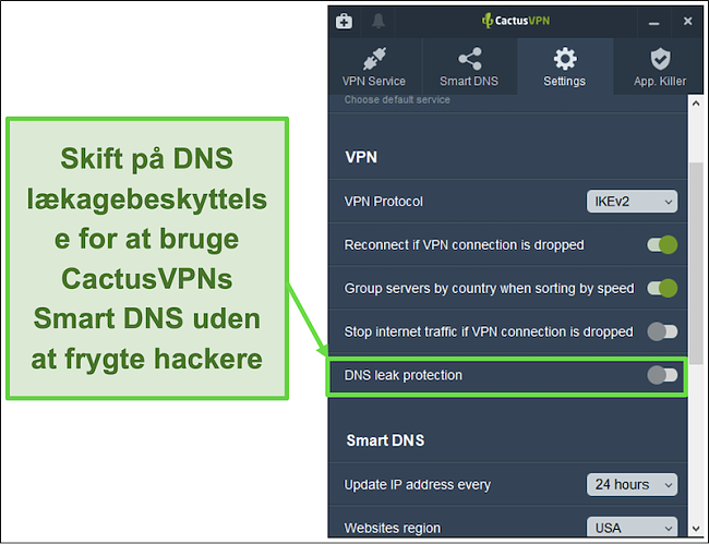 Skærmbillede, der viser, hvordan du aktiverer DNS-lækagebeskyttelse