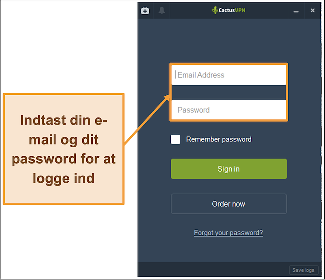 Skærmbillede, der viser loginskærmen på CactusVPN-klienten