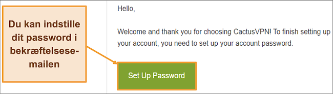 Skærmbillede, der viser bekræftelses-e-mail fra CactusVPN for at oprette en adgangskode til din konto