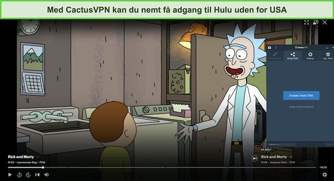 Skærmbillede af Rick og Morty med succes streaming på Hulu med CactusVPN tilsluttet