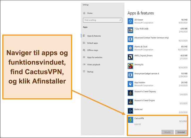 Skærmbillede, der viser, hvordan du starter processen med at afinstallere CactusVPN fra menuen Apps og funktioner