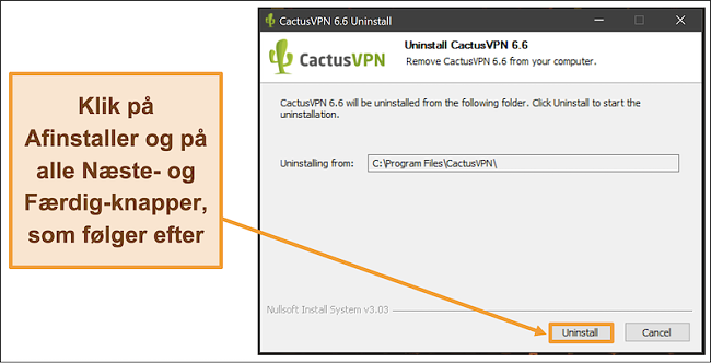 Skærmbillede, der viser, hvordan du afslutter afinstallationen af CactusVPN fra afinstallationsguiden