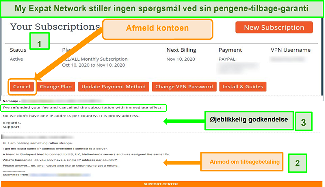 Skærmbillede af My Expat Networks tilbagebetalingsproces