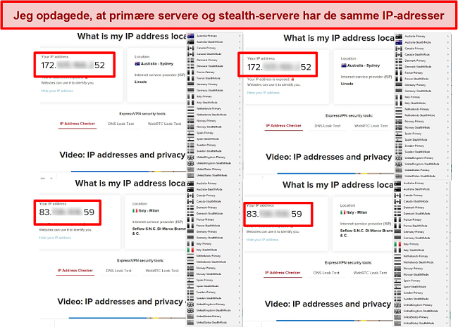 Skærmbillede af My Expat Networks primære servere og stealth-servere, der giver den samme IP-adresse