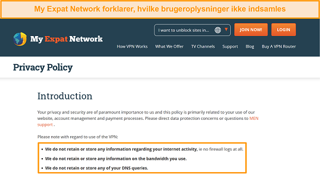 Skærmbillede af privatlivspolitikken for My Expat Network