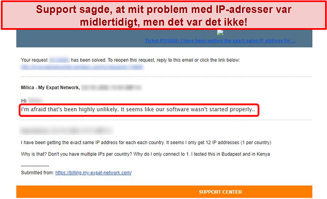 Skærmbillede af My Expat Network e-mail-svar, der giver en forklaring på et IP-adresseproblem
