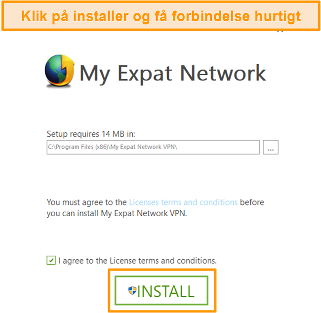 Skærmbillede af det sidste trin i My Expat Network installation