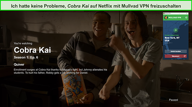 Screenshot von Mullvad VPN, das Cobra Kai auf Netflix entsperrt.