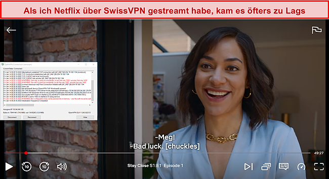 Screenshot von SwissVPN beim Entsperren von Netflix.