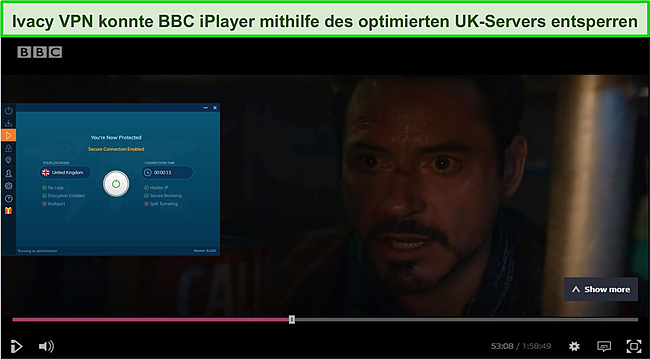 Screenshot von Ivacy VPN, das den BBC IPlayer entsperrt.