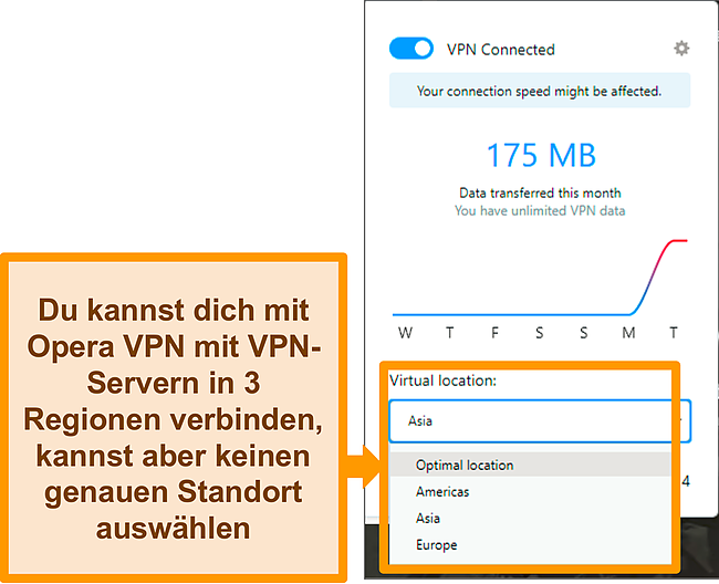 Screenshot des virtuellen Standortmenüs von Opera VPN.