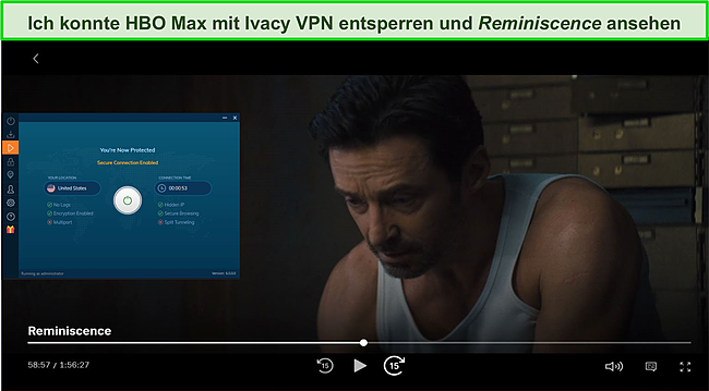 Screenshot von Ivacy VPN, das HBO Max entsperrt.