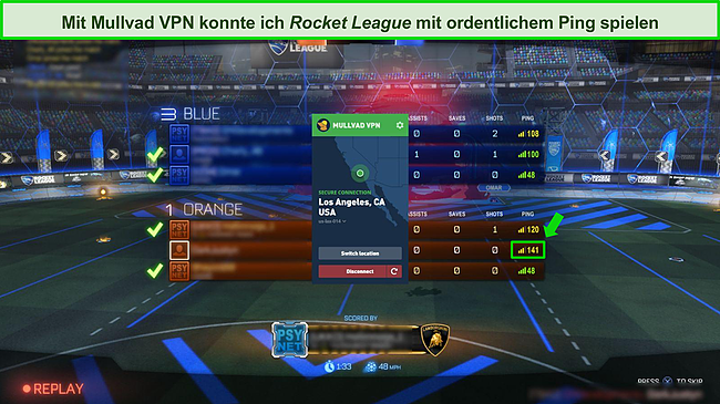 Screenshot des Rocket League-Gameplays während einer Verbindung mit Mullvad VPN.