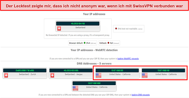 Screenshot der Lecktestergebnisse bei der Verwendung von SwissVPN.