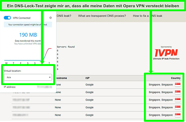 Screenshot der Ergebnisse des DNS-Leak-Tests, der keine Lecks zeigt, während eine Verbindung mit Opera VPN besteht.