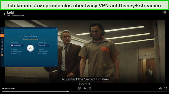 Screenshot von Ivacy VPN, das Disney+ entsperrt.
