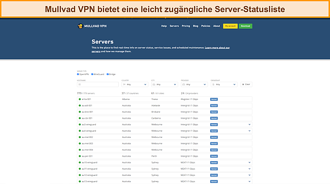 Screenshot der Statusliste des Mullvad VPN-Servers.