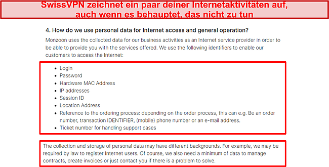 Screenshot der Datenschutzrichtlinie von SwissVPN.