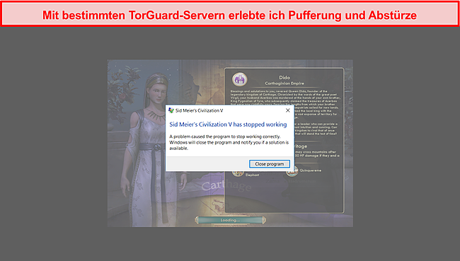 Screenshot eines Computerspiels, das während der Verwendung von TorGuard abstürzt.