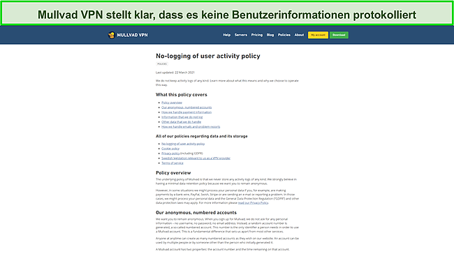 Screenshot, der die No-Logs-Richtlinie von Mullvad VPN zeigt.