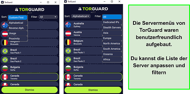Screenshot der Servermenüs und Optionen von TorGuard.