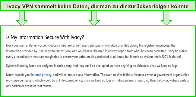 Screenshot des Auszuges der Ivacy VPN No-Log-Richtlinie.
