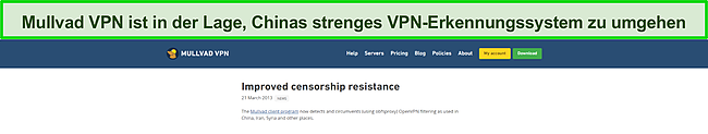 Screenshot, der einen Blog-Beitrag von Mullvad VPN zeigt, in dem erklärt wird, wie Chinas Erkennungssystem umgangen werden kann.