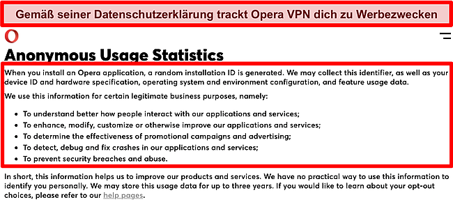 Screenshot der Opera VPN-Datenschutzrichtlinie 