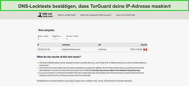 Screenshot eines erfolgreichen DNS-Leak-Tests mit TorGuard.