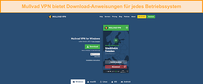 Screenshot einer Download-Seite für Mullvad VPN.