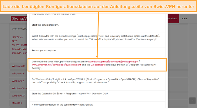 Screenshot, der die Seite zum Herunterladen der Setup-Dateien von SwissVPN zeigt.