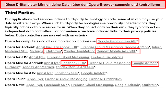 Screenshot der Datenschutzerklärung von Opera, die die Datenerhebung durch Dritte offenlegt.