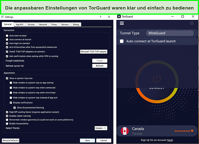 Screenshot des Einstellungsmenüs von TorGuard.