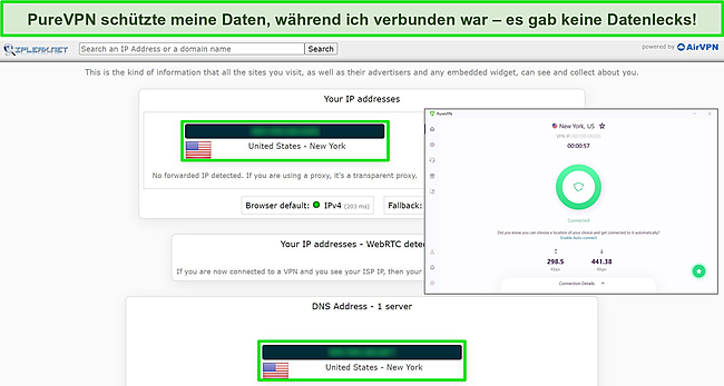 Screenshot eines Lecktests von IPLeak.net, der keine Datenlecks zeigt, wobei PureVPN mit einem US-Server verbunden ist.