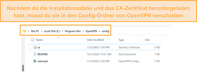 Screenshot, der zeigt, wie die Setup-Dateien in den OpenVPN-Konfigurationsordner verschoben werden.