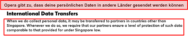 Screenshot der Opera-Richtlinie zu internationalen Datenübertragungen.