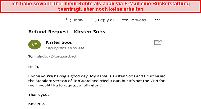 Screenshot einer Anfrage an den Support, in der um eine Rückerstattung gebeten wird.