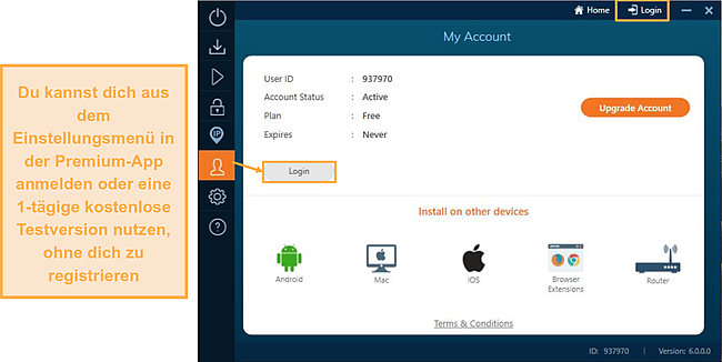 Screenshot, der zeigt, wie Sie sich mit einem Premium-Ivacy-VPN-Konto anmelden.
