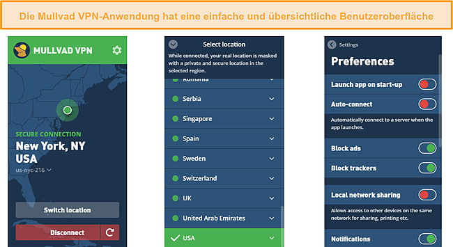 Screenshot der Menüs der Mullvad VPN-Anwendungsschnittstelle.