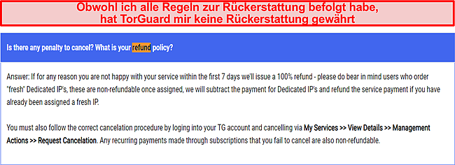 Screenshot der Richtlinie von TorGuard zu Rückerstattungen.