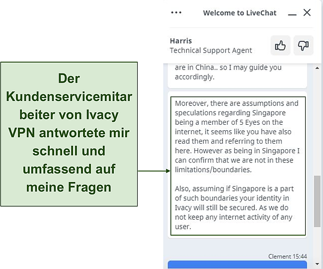 Screenshot meines Gesprächs mit einem Ivacy VPN-Supportmitarbeiter.