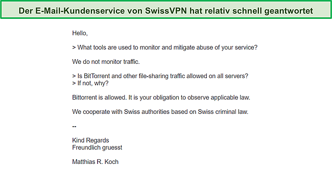 Screenshot, der meine E-Mail-Konversation mit dem SwissVPN-Support zeigt.