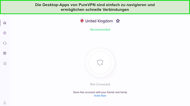 Screenshot der Windows-App von PureVPN mit der übersichtlichen und einfachen Benutzeroberfläche.