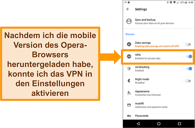 Screenshot des Einstellungsmenüs des Android Opera-Browsers mit aktivierter VPN-Option.