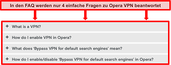 Screenshot der Opera VPN-FAQs.