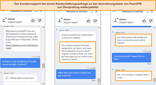 Screenshots des Kundenservice von PureVPN, der auf eine Rückerstattungsanfrage antwortet und die Anfrage an das Abrechnungsteam weiterleitet.