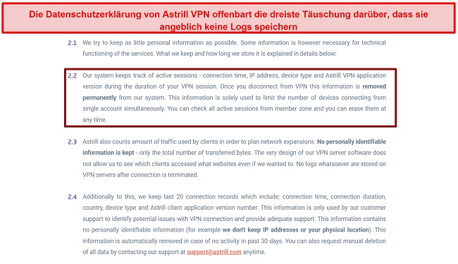 Screenshot der Datenschutzrichtlinie von Astrill VPN